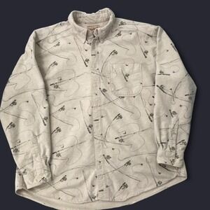 Woolrich cream button up shirt with fishing lure print. Size XL 0171